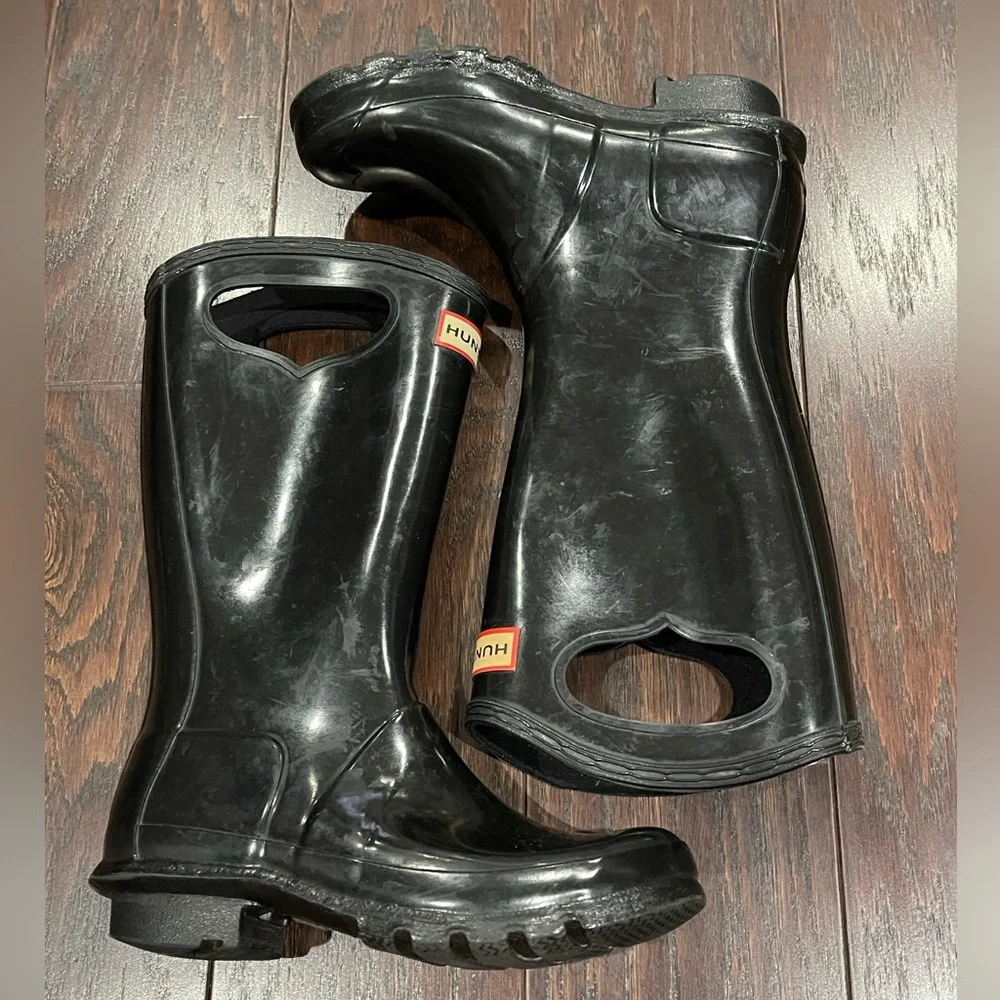 Hunter Kids Pull On Gloss Rain Boots Black UK 2 EU 34 US 3B 4G